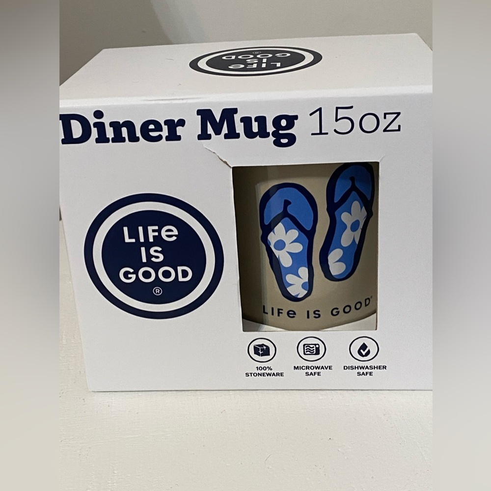 Life is Good Mug 15oz New in Box Blue Flip Flops with Flowers